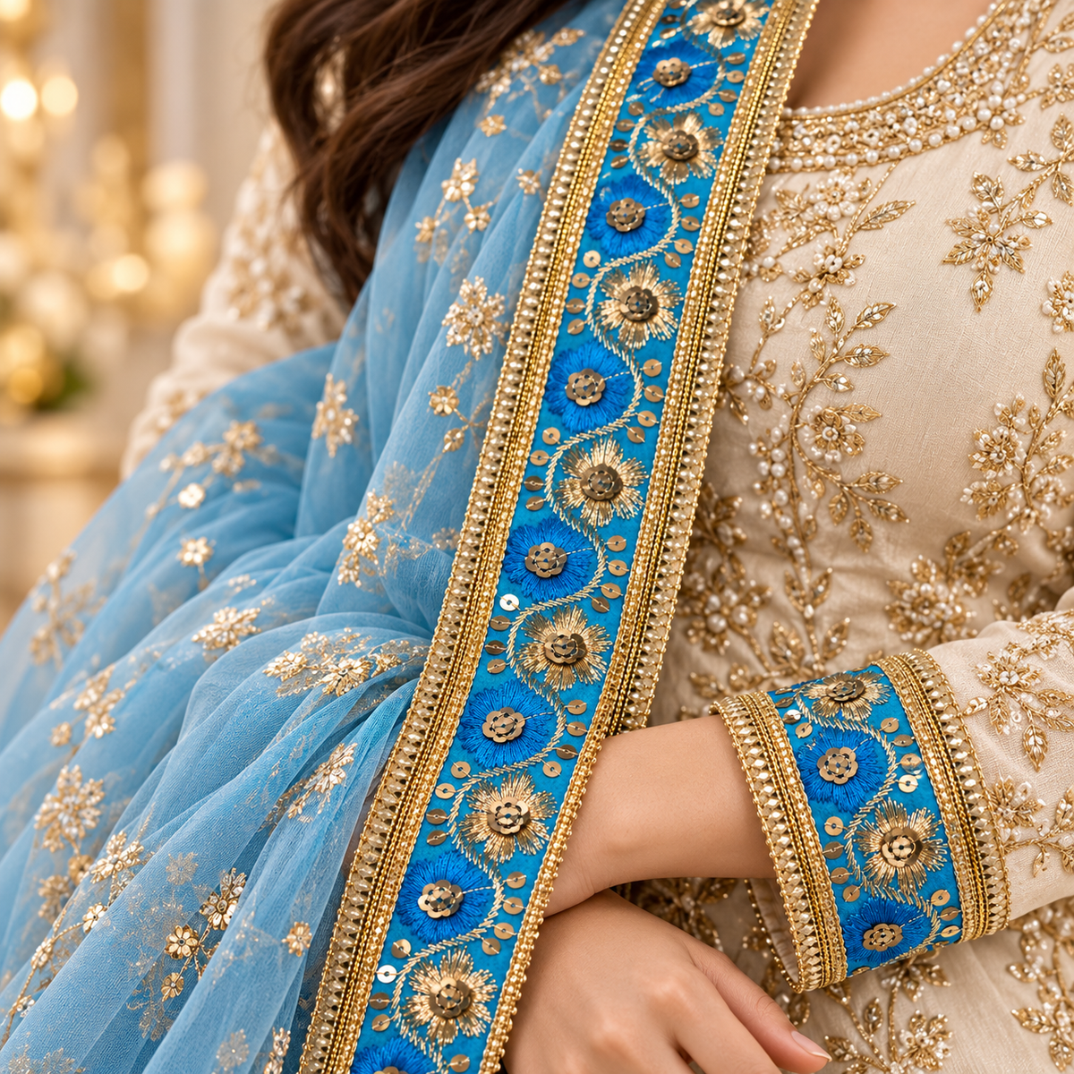 Premium Royal Blue & Gold Floral Embroidery Designer Lace Border with Sequin Work for Saree, Blouse, Lehenga, Dupatta & Bridal Wear – 9 Meter Roll
