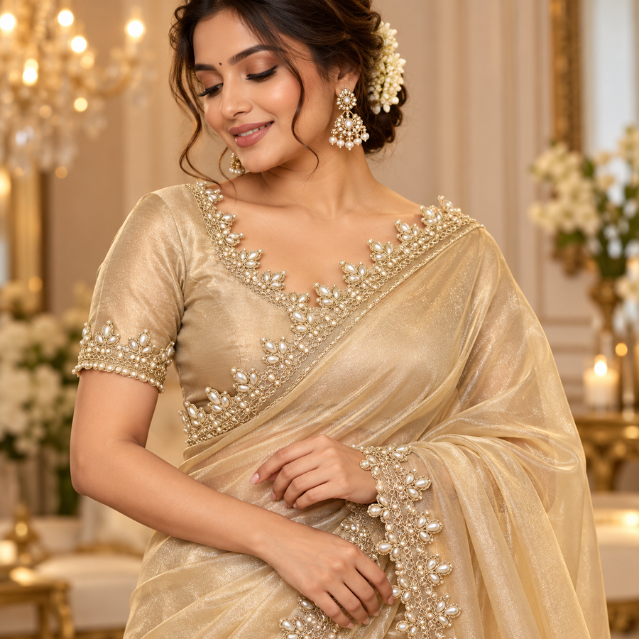 Golden Pearl Work Scalloped Net Lace Border for Saree, Blouse, Dupatta & Lehenga – 9 Meter Roll