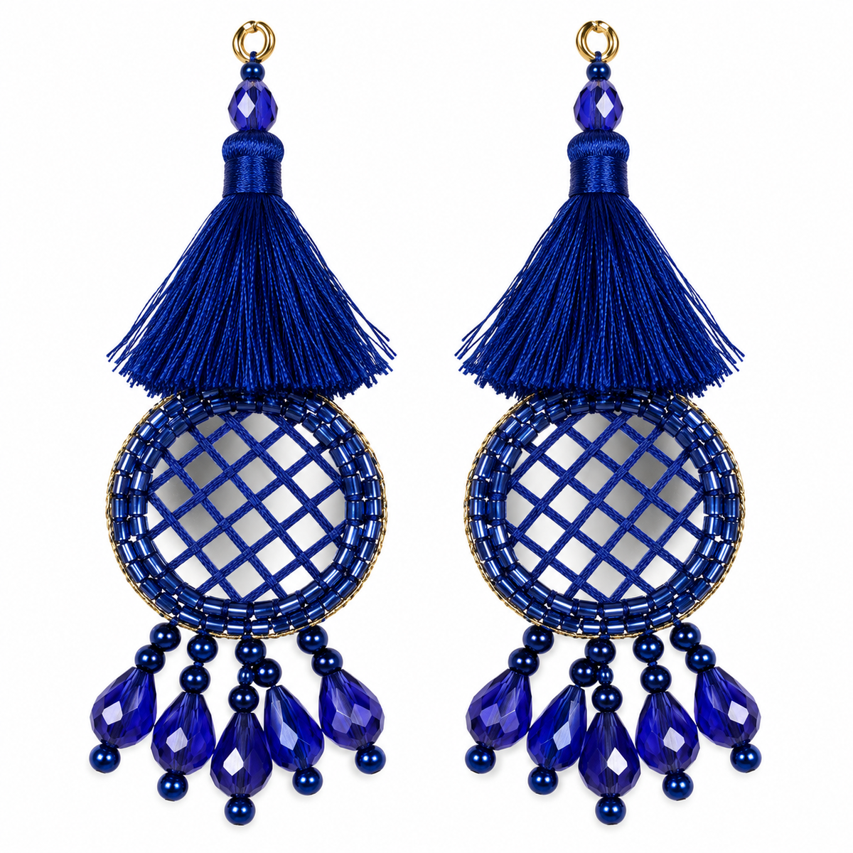 Royal Blue Mirror Work Designer Latkan for Blouse & Lehenga Dori | Silk Thread Tassels with Round Mirror Jali & Crystal Bead Hanging | Pack of 12 Pieces (6 Pairs)