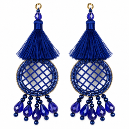 Royal Blue Mirror Work Designer Latkan for Blouse & Lehenga Dori | Silk Thread Tassels with Round Mirror Jali & Crystal Bead Hanging | Pack of 12 Pieces (6 Pairs)