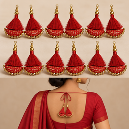 Red Designer Blouse Latkan with Silk Thread Tassels, Gold Sequins & Bead Work | Lehenga Dori Hanging Tassels – 6 Pair (12 Pieces)