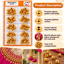 Golden Moti Beads No. 8 for Blouse, Saree, Lehenga & Latkan Craft Work – 10 Packet Card