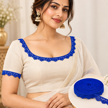 Royal Blue Decorative Floral Edge Lace Trim – 18 Meter Roll for Blouse, Saree & Craft