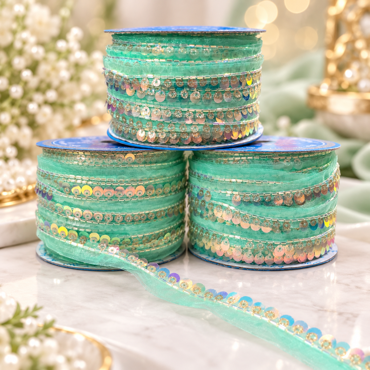 Mint Green Sequin & Bead Work Lace Border for Saree, Blouse & Dupatta – Pack of 3 Rolls, 9 Meters Each