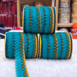 Turquoise Blue & Gold Pleated Frill Lace Border for Saree, Blouse & Dupatta – Pack of 3 Rolls