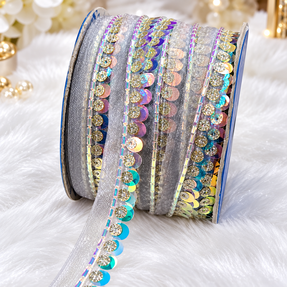 Silver Iridescent Sequin & Bead Work Lace Border for Saree, Blouse & Dupatta – Pack of 3 Rolls, 9 Meters Each