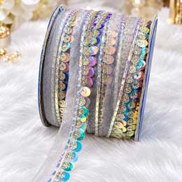 Silver Iridescent Sequin & Bead Work Lace Border for Saree, Blouse & Dupatta – Pack of 3 Rolls, 9 Meters Each