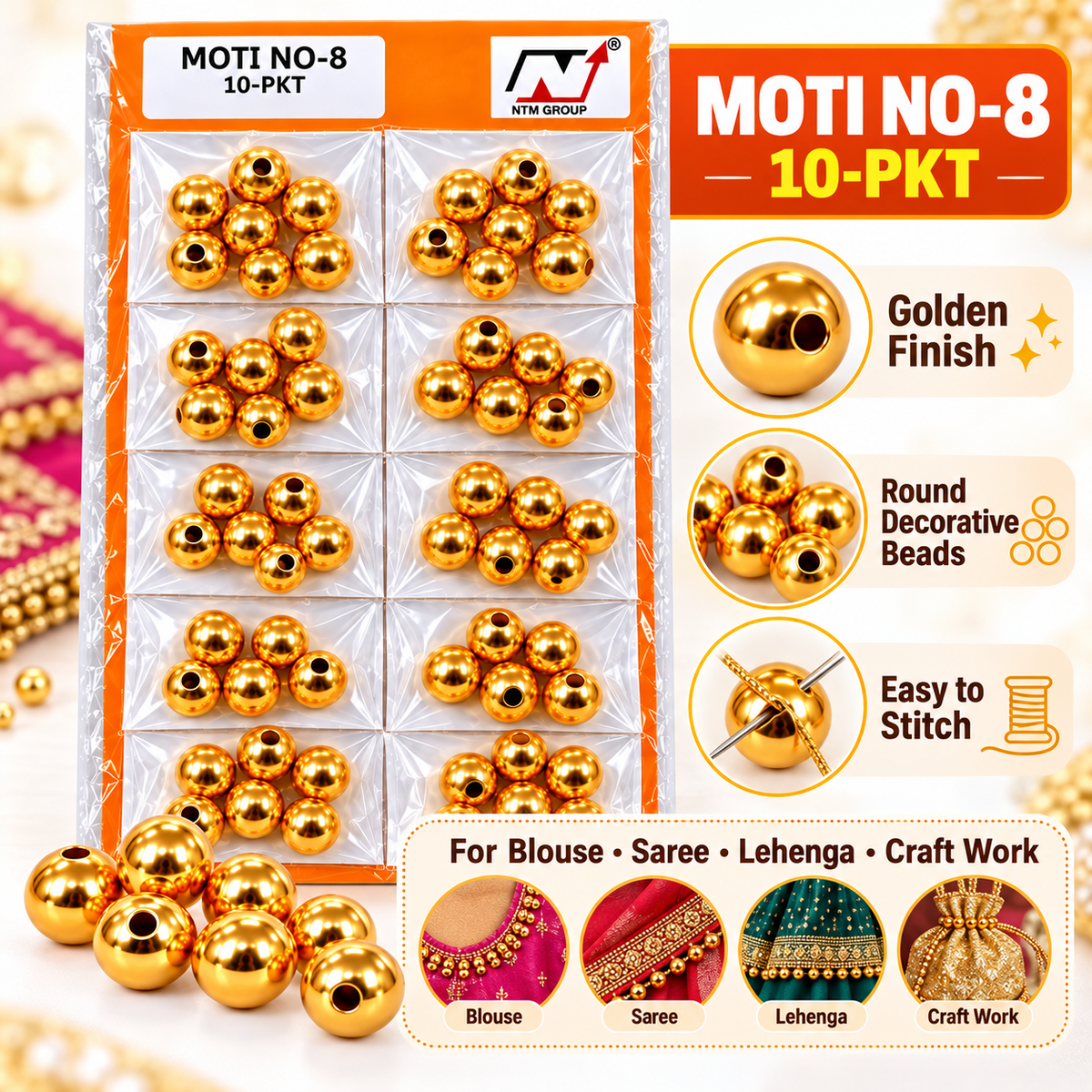 Golden Moti Beads No. 8 for Blouse, Saree, Lehenga & Latkan Craft Work – 10 Packet Card