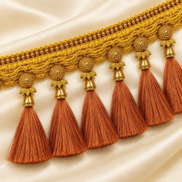 Premium Saree Pallu Latkan Lace 1.25 Metre | Golden Decorative Tassel Border with Copper/Rust Thread Latkan for Saree, Blouse & Dupatta
