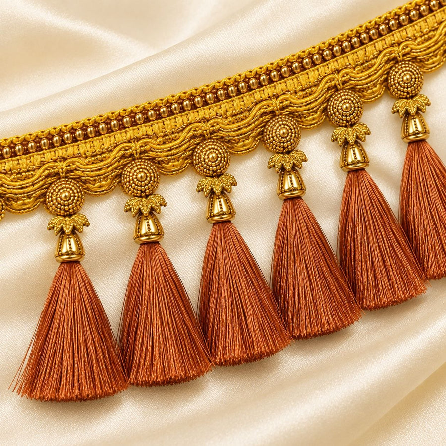 Premium Saree Pallu Latkan Lace 1.25 Metre | Golden Decorative Tassel Border with Copper/Rust Thread Latkan for Saree, Blouse & Dupatta