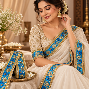Premium Royal Blue & Gold Floral Embroidery Designer Lace Border with Sequin Work for Saree, Blouse, Lehenga, Dupatta & Bridal Wear – 9 Meter Roll