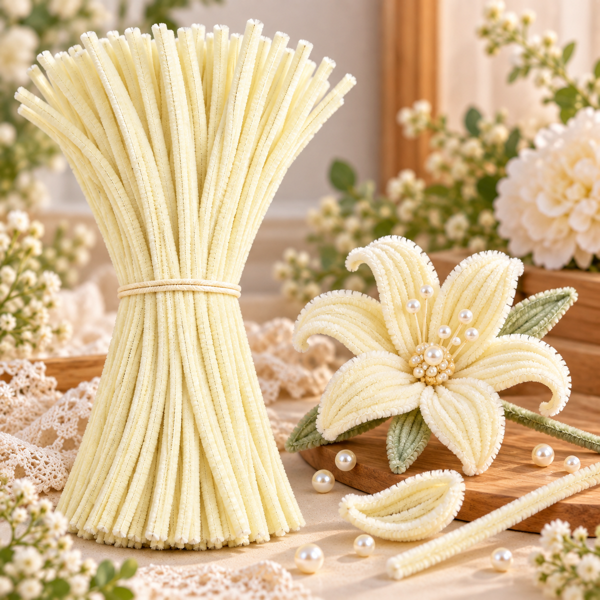 Cream Chenille Stems Pipe Cleaners for Craft & Flower Making – 100 Pieces per Packet