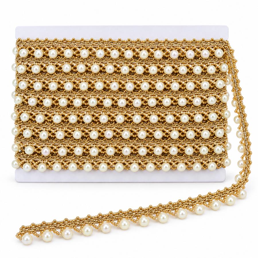 Golden Pearl Beaded Hanging Lace Border for Saree, Blouse & Dupatta – 9 Meter