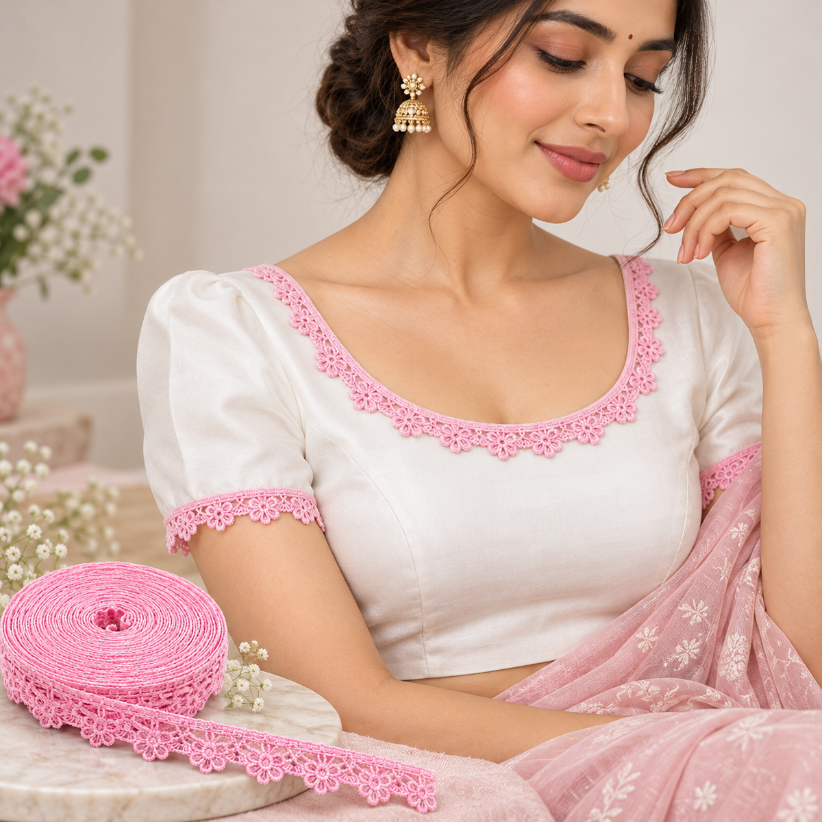 Pink Floral Decorative Lace Border 18 Meter Roll for Blouse, Saree, Kurti, Dupatta, Dress & Craft