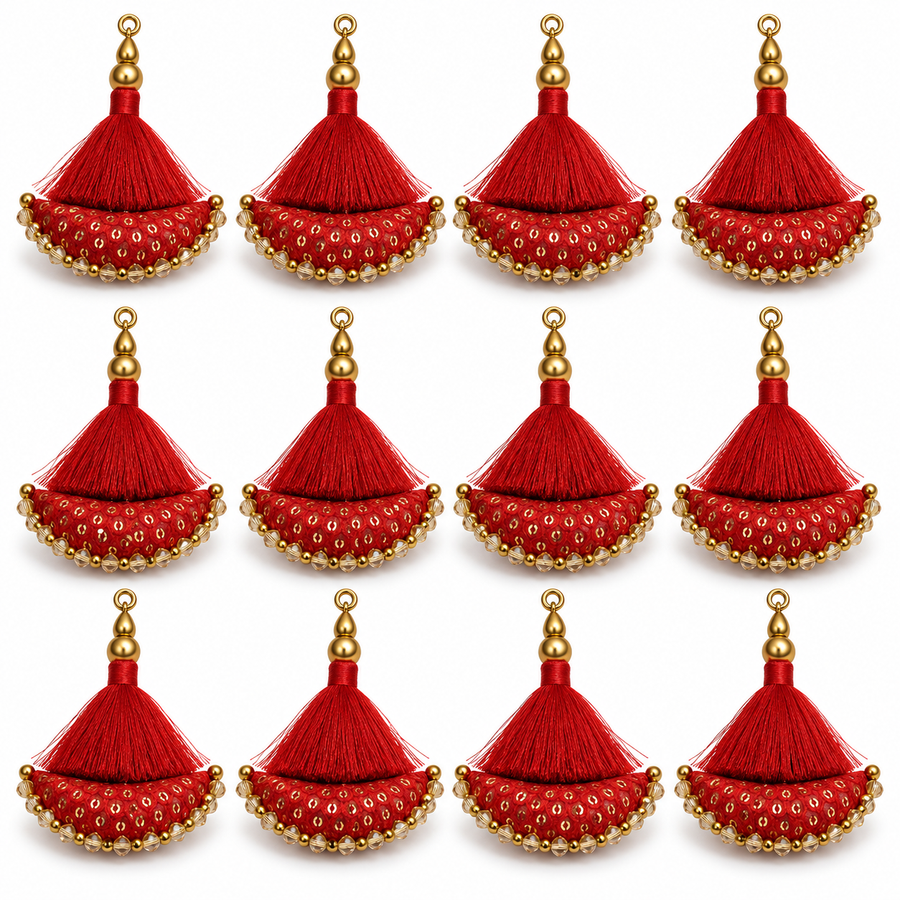 Red Designer Blouse Latkan with Silk Thread Tassels, Gold Sequins & Bead Work | Lehenga Dori Hanging Tassels – 6 Pair (12 Pieces)