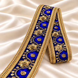 Premium Royal Blue & Gold Floral Embroidery Lace Border with Sequin Work for Saree, Lehenga, Blouse, Dupatta & Bridal Dress – 9 Meter