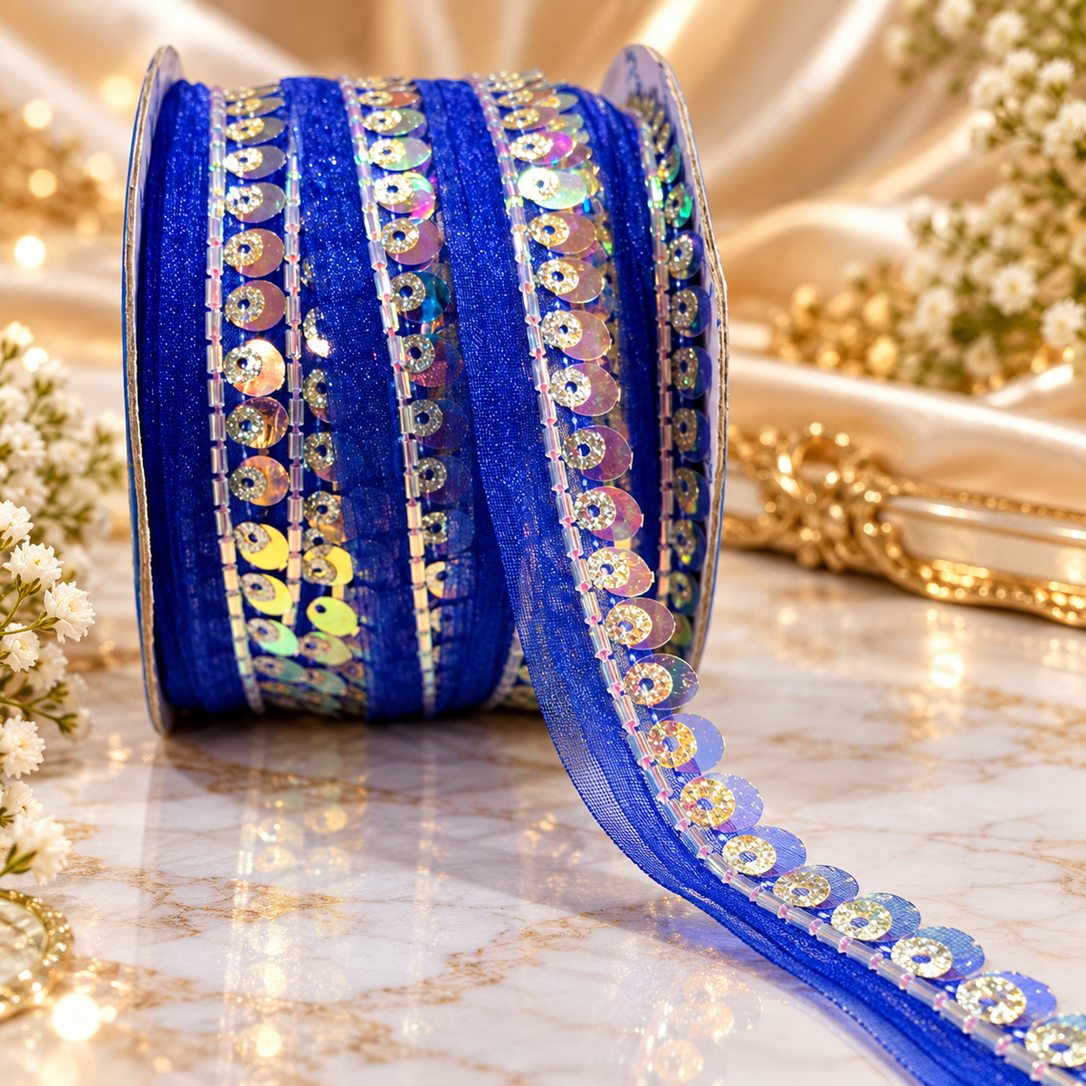 Royal Blue Sequin & Bead Work Decorative Lace Border for Saree, Blouse & Dupatta – Pack of 3 Rolls, 9 Meters Each