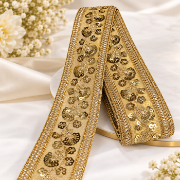 Premium Golden Floral Sequin Embroidered Lace Border with Crystal-Style Stone Work for Saree, Blouse, Dupatta, Lehenga & Kurti – 9 Meter