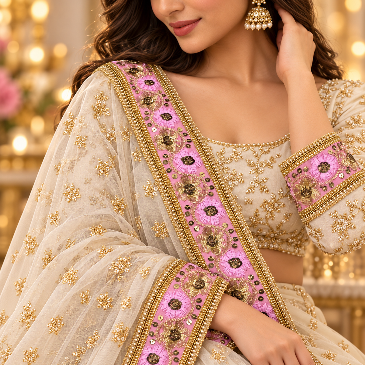 Premium Pink & Gold Floral Embroidery Lace Border with Golden Sequin Work for Saree, Lehenga, Blouse, Dupatta & Bridal Wear – 9 Meter