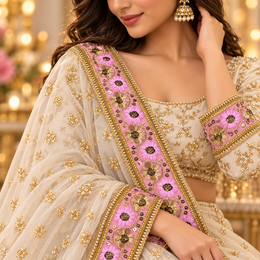 Premium Pink & Gold Floral Embroidery Lace Border with Golden Sequin Work for Saree, Lehenga, Blouse, Dupatta & Bridal Wear – 9 Meter