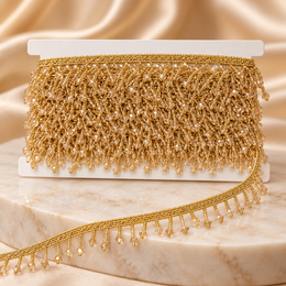 Premium Champagne Gold Oval Crystal Beaded Hanging Lace Border – 9 Meter | Designer Golden Fringe Lace for Saree, Dupatta, Blouse & Lehenga