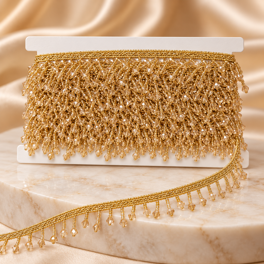 Premium Champagne Gold Oval Crystal Beaded Hanging Lace Border – 9 Meter | Designer Golden Fringe Lace for Saree, Dupatta, Blouse & Lehenga