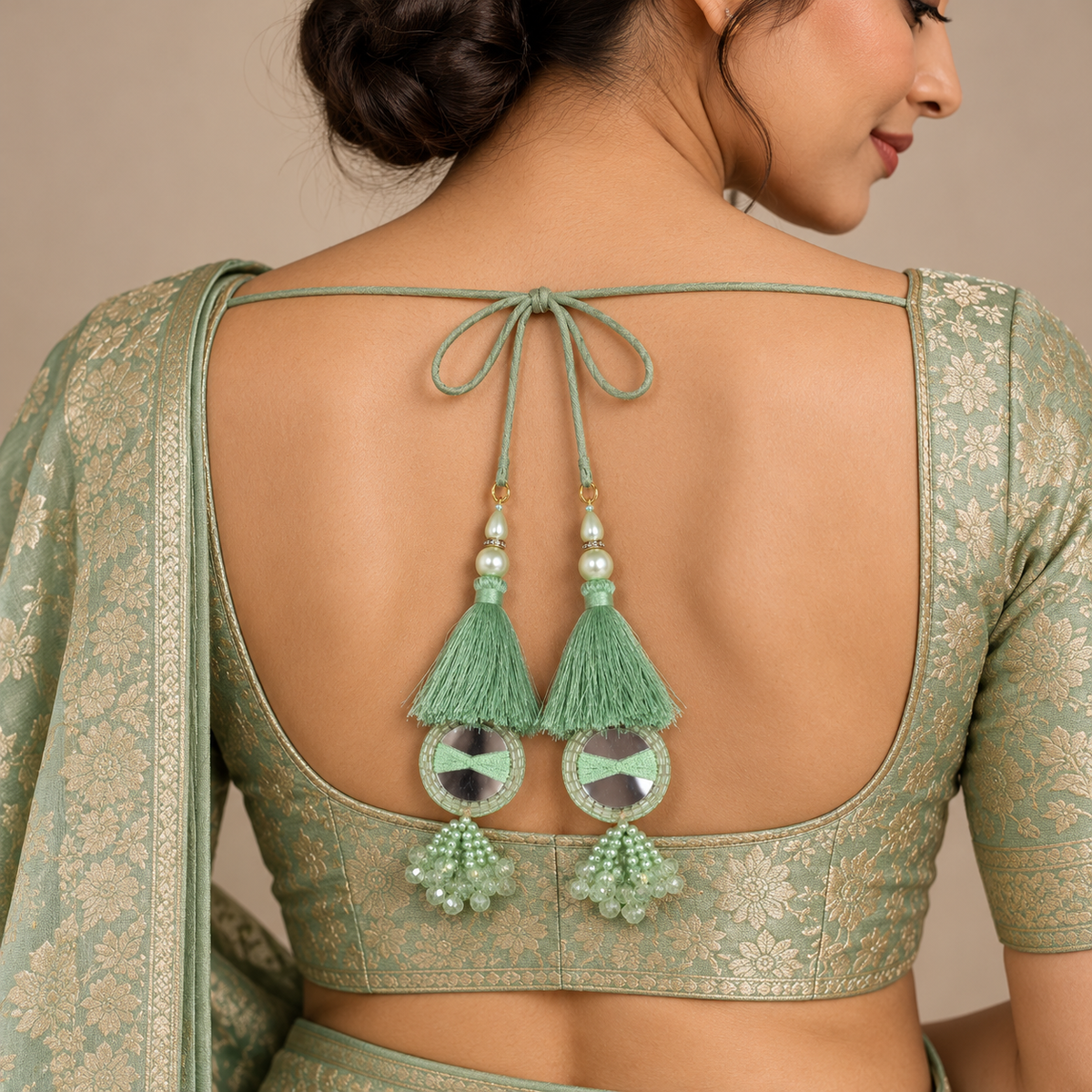 Pista Green Mirror Work Designer Latkan for Blouse & Lehenga Dori | Mint Green Silk Thread Tassel with Round Mirror, Pearl & Crystal Bead Hanging | Pack of 12 Pieces (6 Pairs)