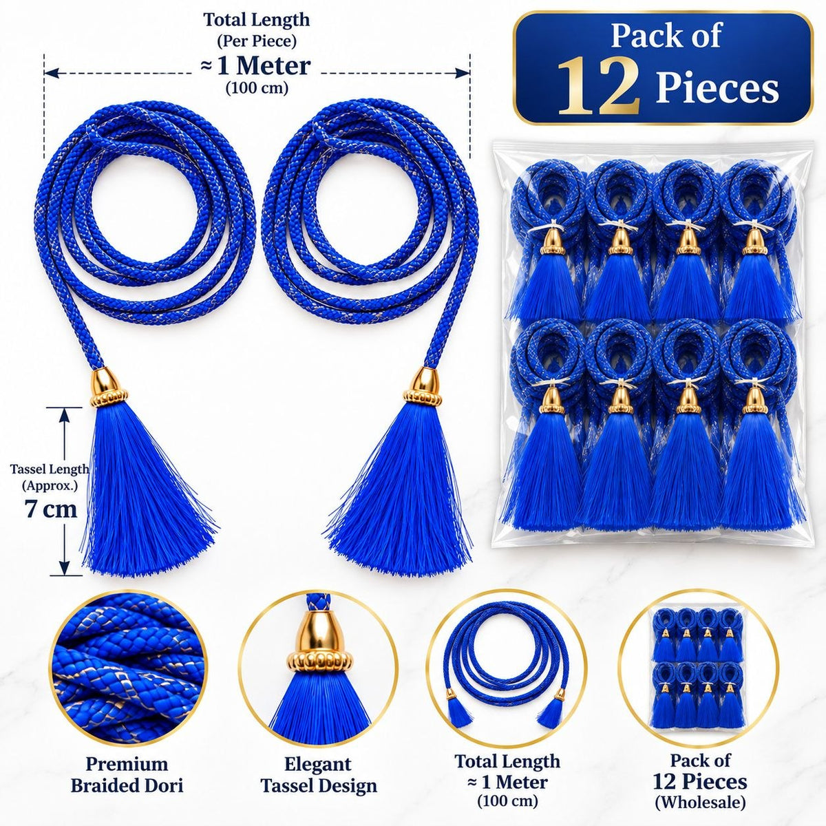 Royal Blue Blouse Dori with Tassel Latkan | 1 Meter Braided Dori | Pack of 12