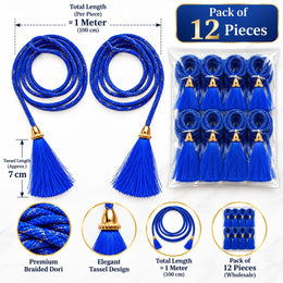 Royal Blue Blouse Dori with Tassel Latkan | 1 Meter Braided Dori | Pack of 12