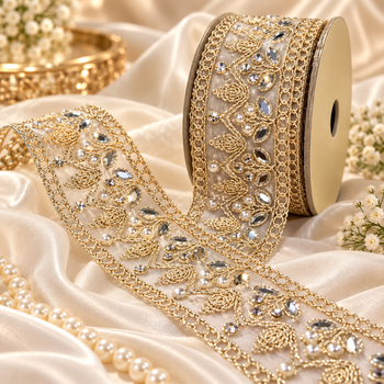 Premium Golden Pearl & Mirror Work Floral Net Lace Border for Saree, Blouse, Dupatta & Lehenga