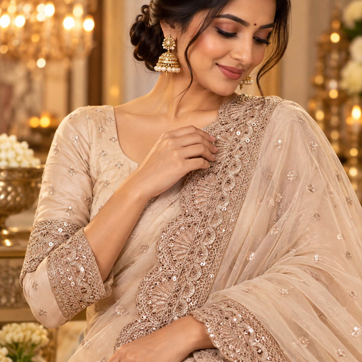 Premium Rose Gold Sequin Embroidered Scallop Lace Border for Saree, Blouse, Dupatta, Lehenga & Kurti – Designer Lace Trim