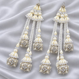 Ivory White Pearl & Silver Crystal Designer Latkan for Bridal Blouse & Lehenga Dori | 3 Layer Hanging Jhumka Tassels with Pearl & Kundan Style Beads – 1 Pair (2 Pieces)