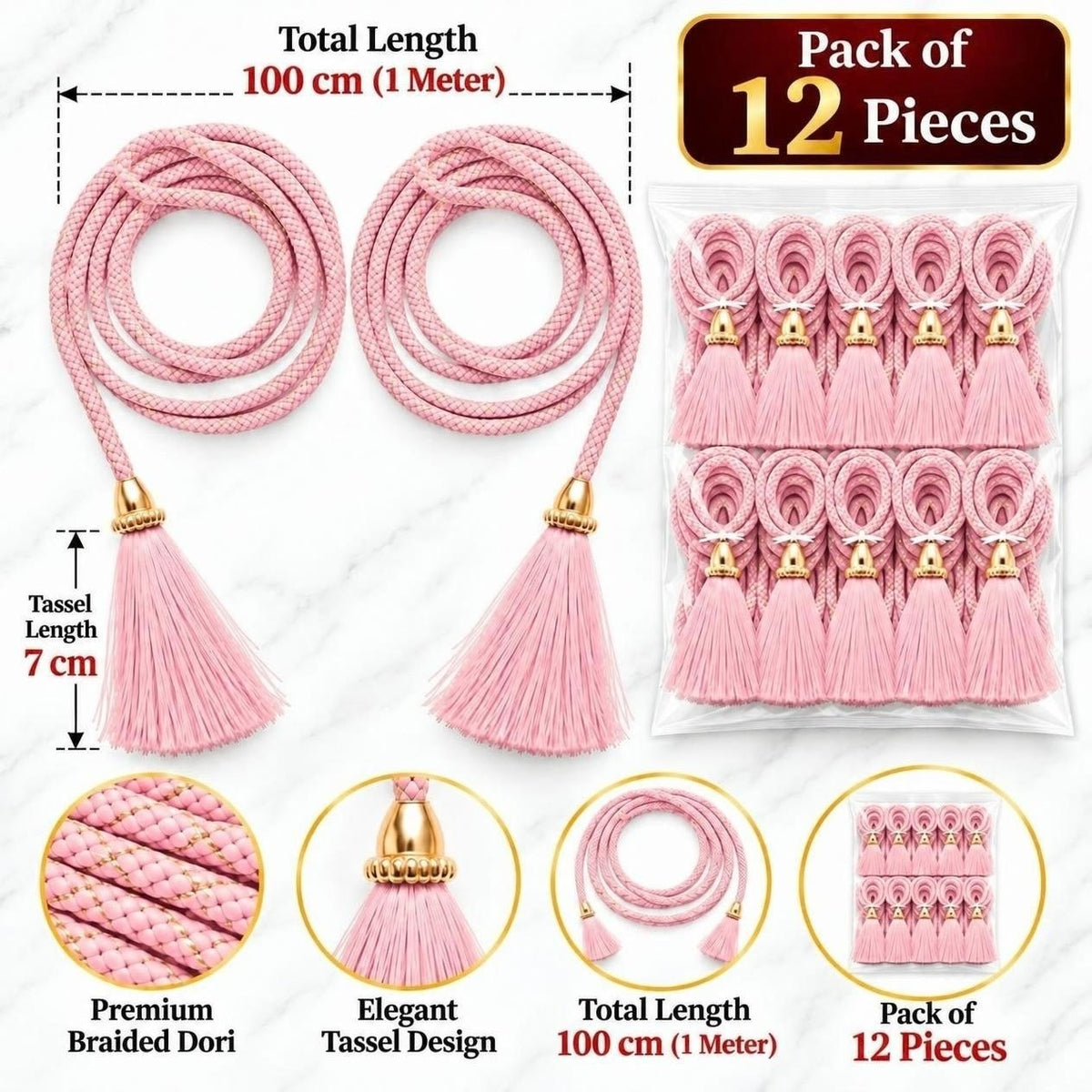 Baby Pink Blouse Dori with Tassel Latkan | 1 Meter Decorative Braided Tie Cord | Pack of 12