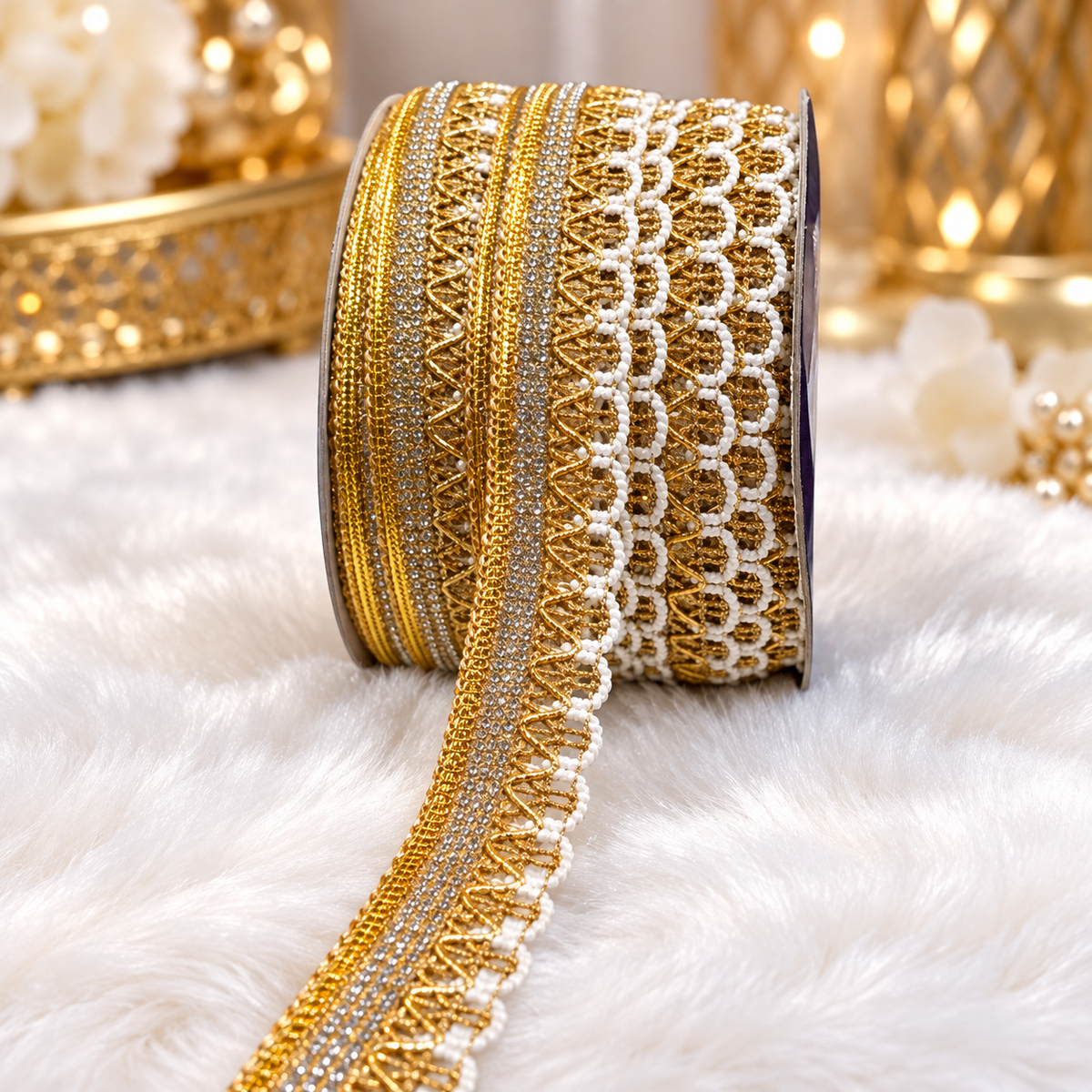 Premium Golden & White Pearl Style Designer Lace Border for Saree, Blouse, Dupatta & Lehenga | Decorative Bridal Lace Trim | Pack of 3 Rolls – 18 Meter