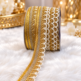 Premium Golden & White Pearl Style Designer Lace Border for Saree, Blouse, Dupatta & Lehenga | Decorative Bridal Lace Trim | Pack of 3 Rolls – 18 Meter