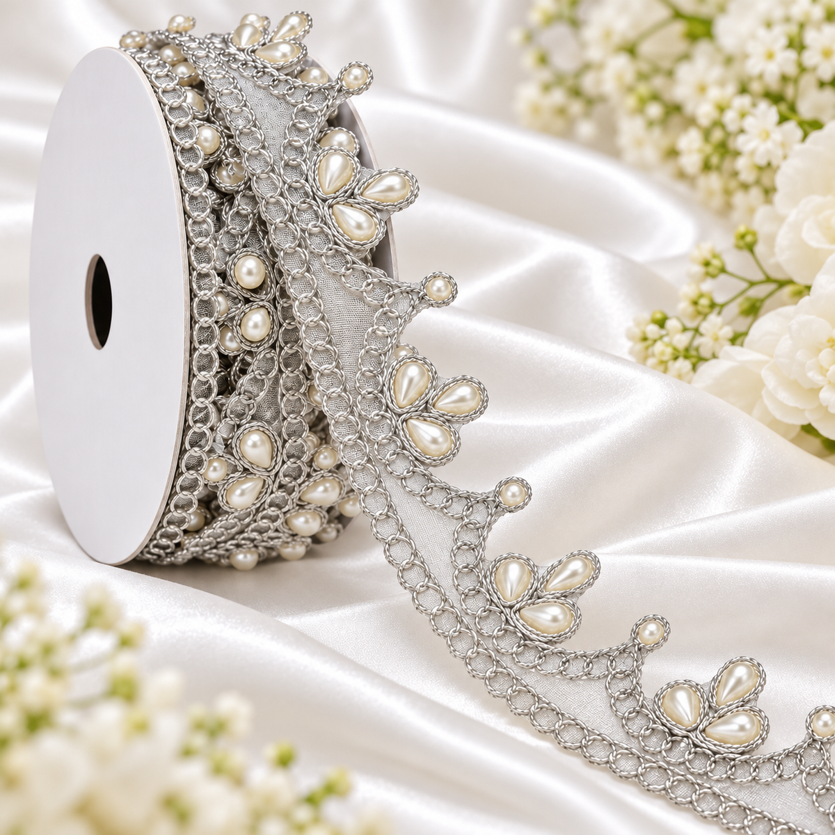 Silver Pearl Work Scalloped Net Lace Border for Saree, Blouse, Dupatta & Lehenga – 9 Meter Roll