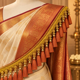 Premium Saree Pallu Latkan Lace 1.25 Metre | Golden Decorative Tassel Border with Copper/Rust Thread Latkan for Saree, Blouse & Dupatta