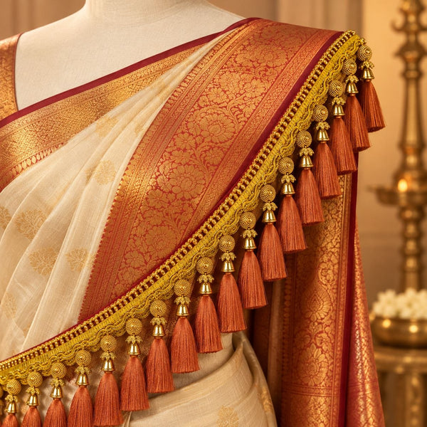 Premium Saree Pallu Latkan Lace 1.25 Metre | Golden Decorative Tassel Border with Copper/Rust Thread Latkan for Saree, Blouse & Dupatta