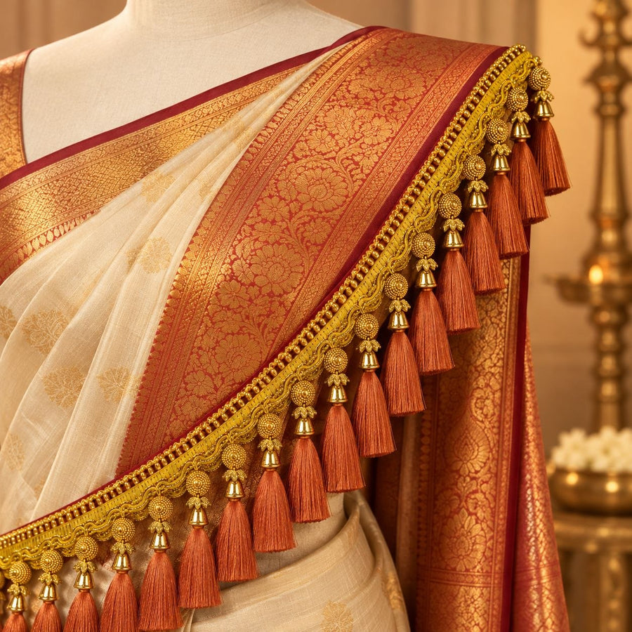 Premium Saree Pallu Latkan Lace 1.25 Metre | Golden Decorative Tassel Border with Copper/Rust Thread Latkan for Saree, Blouse & Dupatta