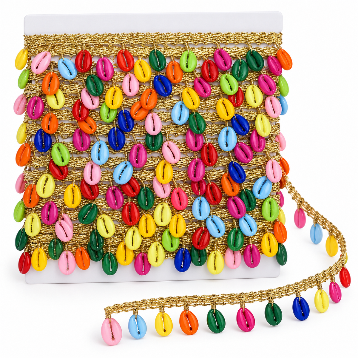 Multicolour Cowrie Shell Hanging Lace with Golden Border for Saree, Blouse & Dupatta – 7 Meter