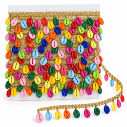 Multicolour Cowrie Shell Hanging Lace with Golden Border for Saree, Blouse & Dupatta – 7 Meter