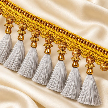 Premium Saree Pallu Latkan Lace 1.25 Metre | Golden Decorative Tassel Border with Silver Thread Latkan for Saree, Blouse & Dupatta