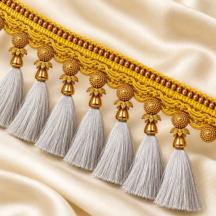 Premium Saree Pallu Latkan Lace 1.25 Metre | Golden Decorative Tassel Border with Silver Thread Latkan for Saree, Blouse & Dupatta