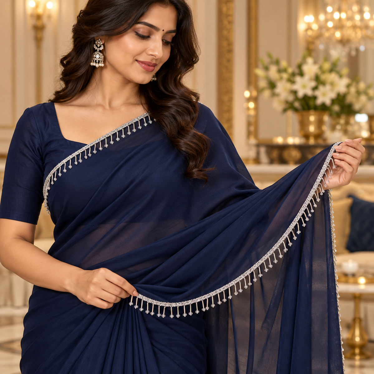 Premium Silver Bugle Bead Fringe Lace Border – 9 Meter | Designer Hanging Tube Bead Lace for Saree, Blouse, Dupatta & Lehenga