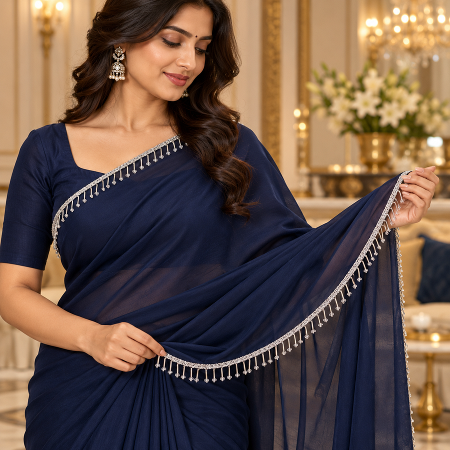 Premium Silver Bugle Bead Fringe Lace Border – 9 Meter | Designer Hanging Tube Bead Lace for Saree, Blouse, Dupatta & Lehenga