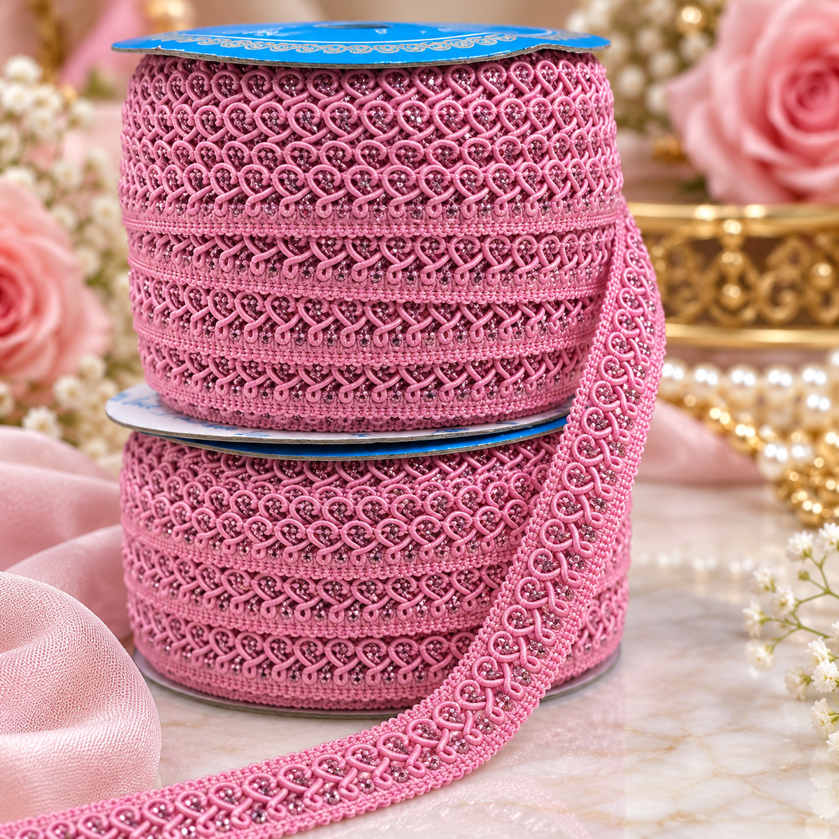 Baby Pink Designer Loop Lace Border 18 Meter | Decorative Embroidered Lace Trim for Blouse, Kurti, Saree, Dupatta & Lehenga