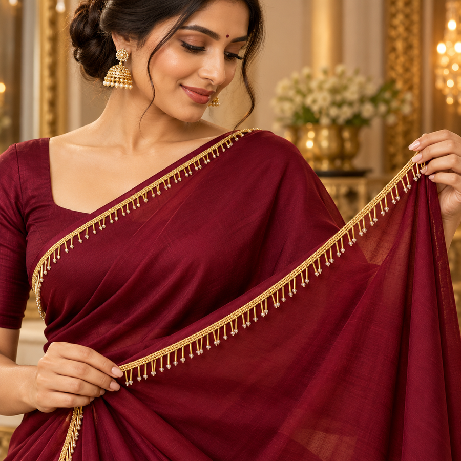 Premium Golden Bugle Bead Fringe Lace Border – 9 Meter | Designer Hanging Pearl Tip Lace for Saree, Blouse, Dupatta & Lehenga