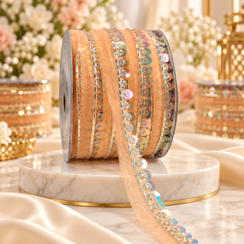 Peach Sequin & Bead Work Decorative Lace Border for Saree, Blouse & Dupatta – Pack of 3 Rolls, 9 Meters Each