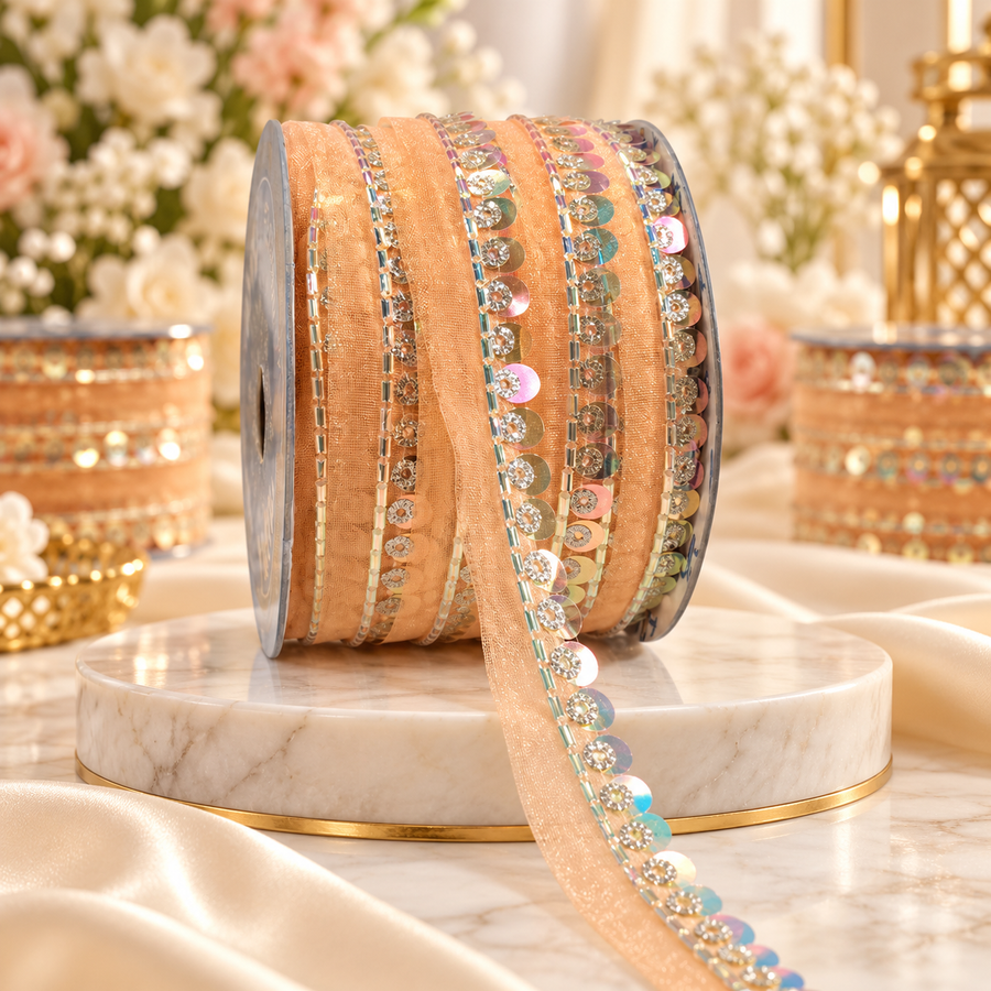 Peach Sequin & Bead Work Decorative Lace Border for Saree, Blouse & Dupatta – Pack of 3 Rolls, 9 Meters Each