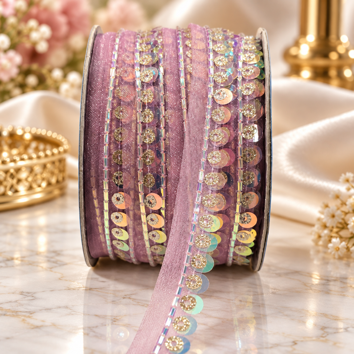Light Pink Sequin & Bead Work Decorative Lace Border for Saree, Blouse & Dupatta – Pack of 3 Rolls, 9 Meters Each